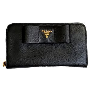 PRADA Saffiano Fiocco Long Zip Around Bow Wallet Nero Black